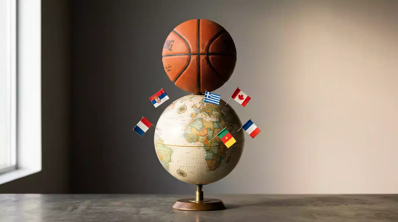 Jugadores internacionales de la NBA celebrando un MVP con banderas de sus países