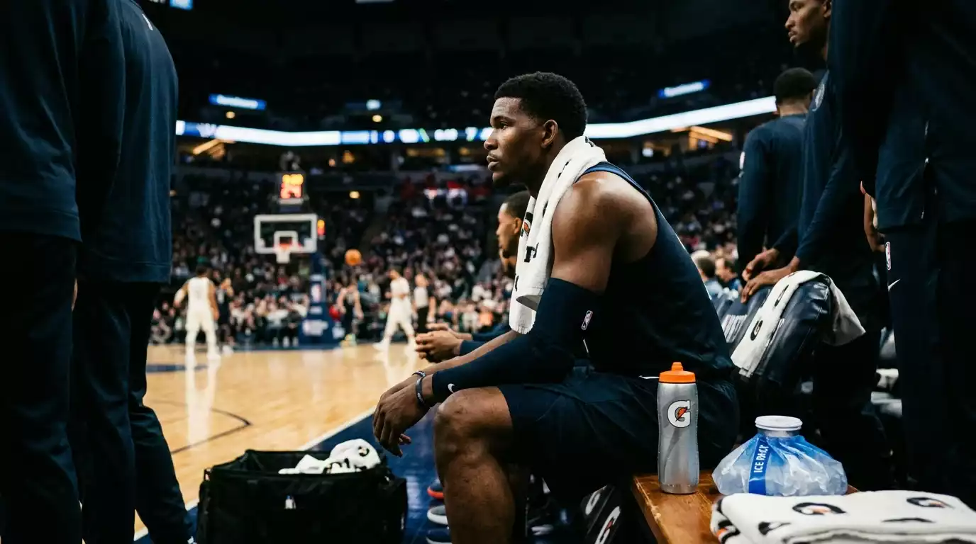 Jugador de baloncesto NBA en el banquillo descansando ilustrando el load management