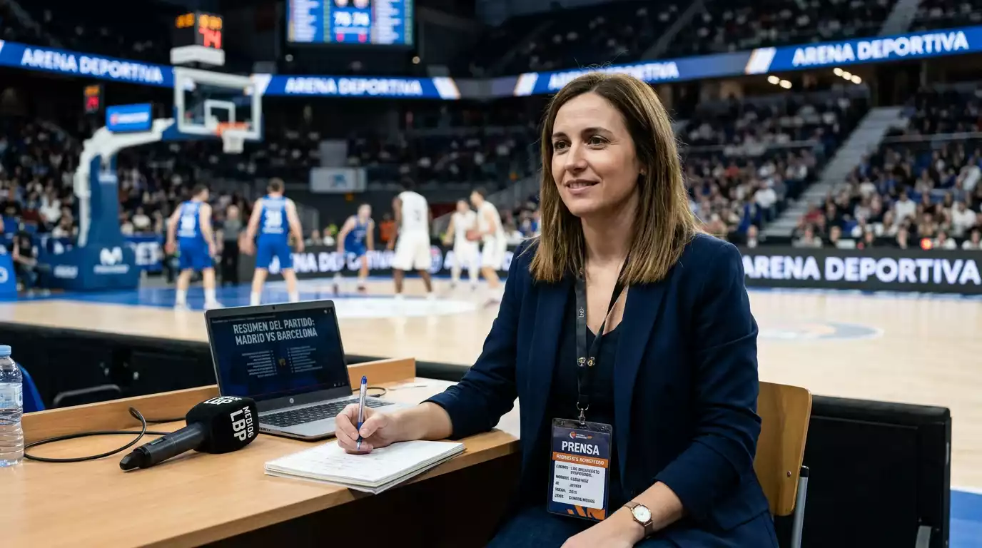 Periodista deportivo con credencial de prensa NBA